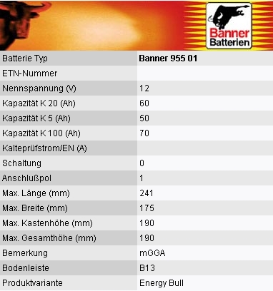 Banner Multicraftbatterie 12V/60Ah(C20) 010955010100