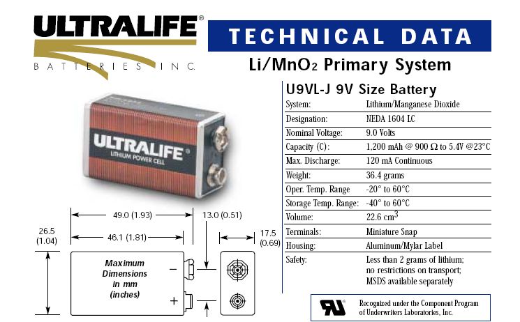 Ultralife 9-Volt-Lithiumbatterie 1200 mAh